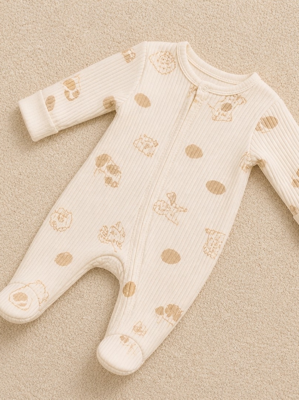 Carter's Cream Ribbed Footed One-Piece with Tan Animal Prints